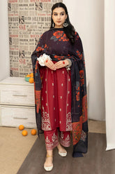 URGE - 3PC DHANAK EMBROIDERED SHIRT WITH TWILL PRINTED SHAWL AND EMBROIDERED TROUSER - HZG2571