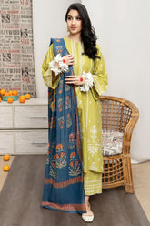 URGE - 3PC DHANAK EMBROIDERED SHIRT WITH TWILL PRINTED SHAWL AND EMBROIDERED TROUSER - HZG1597