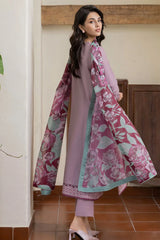 JAZMIN - 3PC SLUB DHANAK EMBROIDERED SHIRT WITH TWILL PRINTED SHAWL AND TROUSER - HZG1273