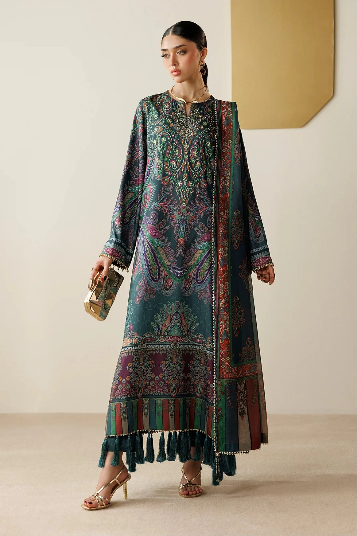 JAZMIN - 3PC KARANDI PRINTED SHIRT WITH KARANDI PRINTED SHAWL AND TROUSER - HZG3134