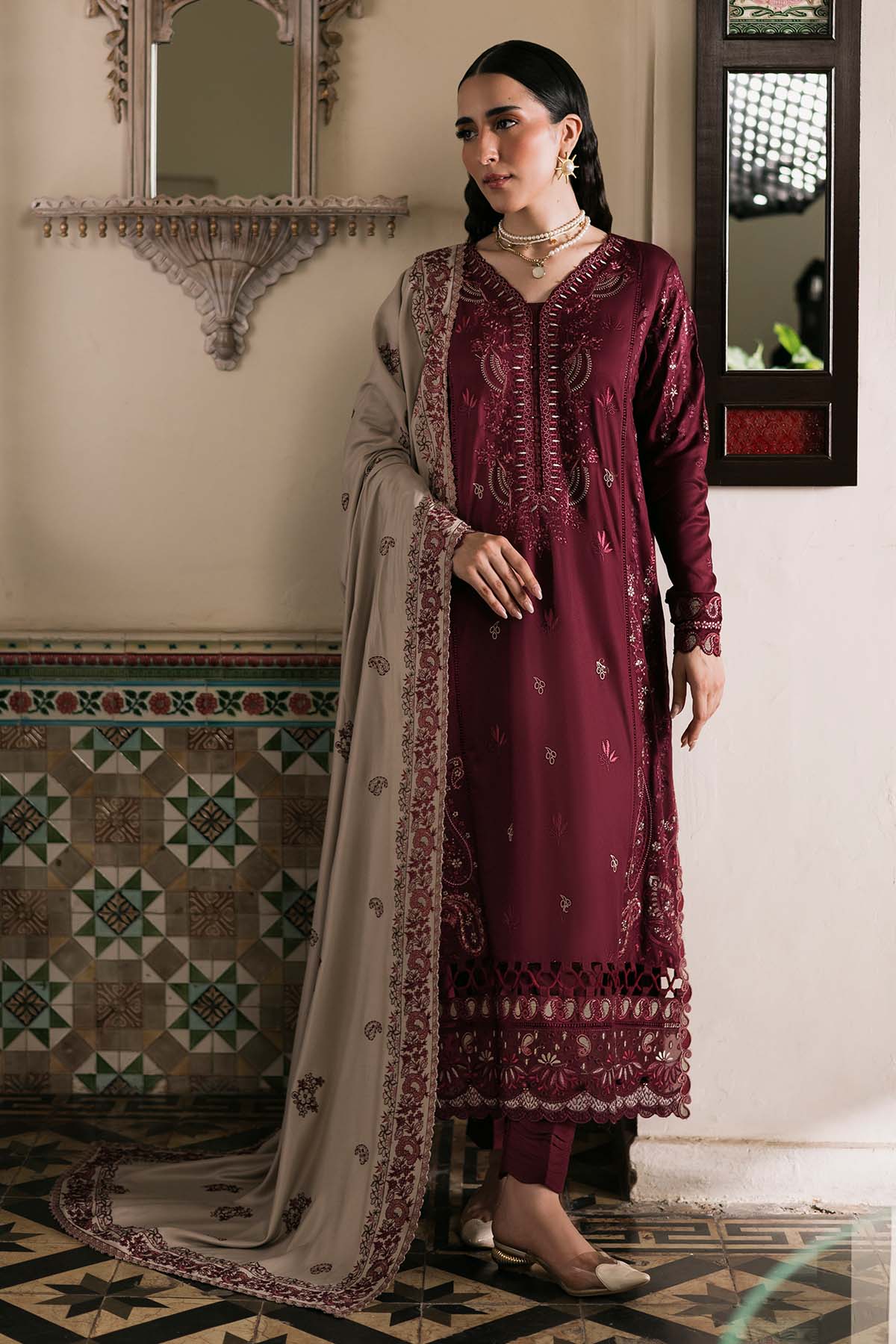 NUREH - 3PC DHANAK EMBROIDERED SHIRT WITH DHANAK EMBROIDERED SHAWL AND TROUSER - HZG2592