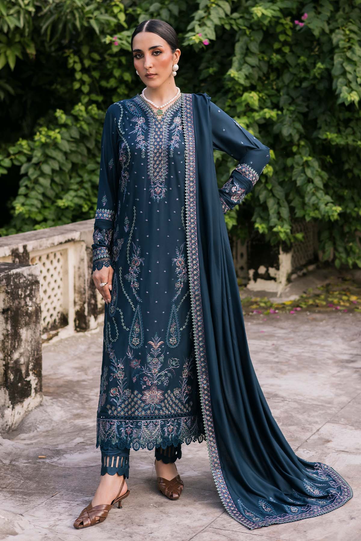 NUREH - 3PC DHANAK EMBROIDERED SHIRT WITH DHANAK EMBROIDERED SHAWL AND TROUSER - HZG2599