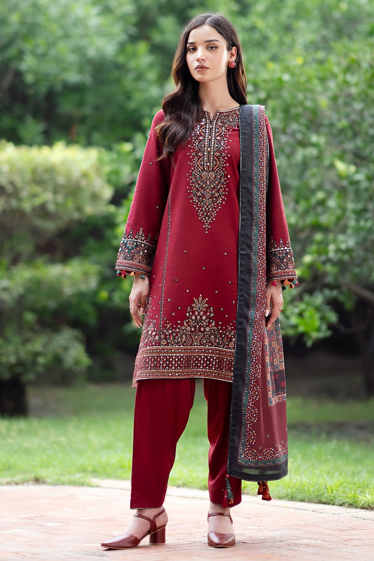 JAZMIN - 3PC DHANAK SEQUIN EMBROIDERED SHIRT WITH TWILL PRINTED SHAWL AND TROUSER - HZG1886