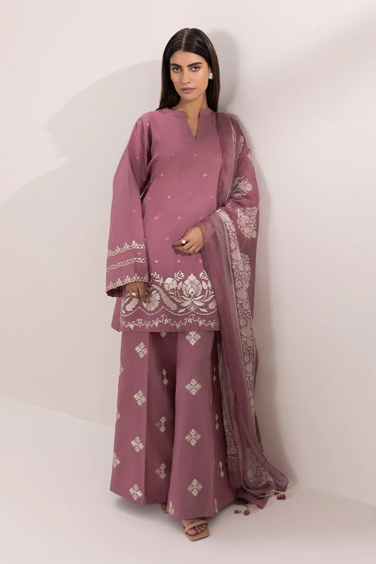 SAPPHIRE - 3PC DHANAK EMBROIDERED SHIRT WITH TWILL PRINTED SHAWL AND EMBROIDERED TROUSER - HZG2331