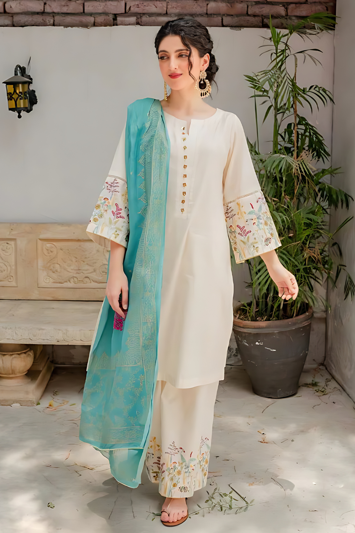 DYOT - 3PC DHANAK EMBROIDERED SHIRT WITH ORGANZA PRINTED DUPATTA AND TROUSER - HZG1466