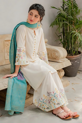 DYOT - 3PC DHANAK EMBROIDERED SHIRT WITH ORGANZA PRINTED DUPATTA AND TROUSER - HZG1466