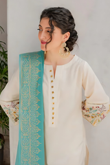 DYOT - 3PC DHANAK EMBROIDERED SHIRT WITH ORGANZA PRINTED DUPATTA AND TROUSER - HZG1466