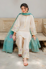 DYOT - 3PC DHANAK EMBROIDERED SHIRT WITH ORGANZA PRINTED DUPATTA AND TROUSER - HZG1466