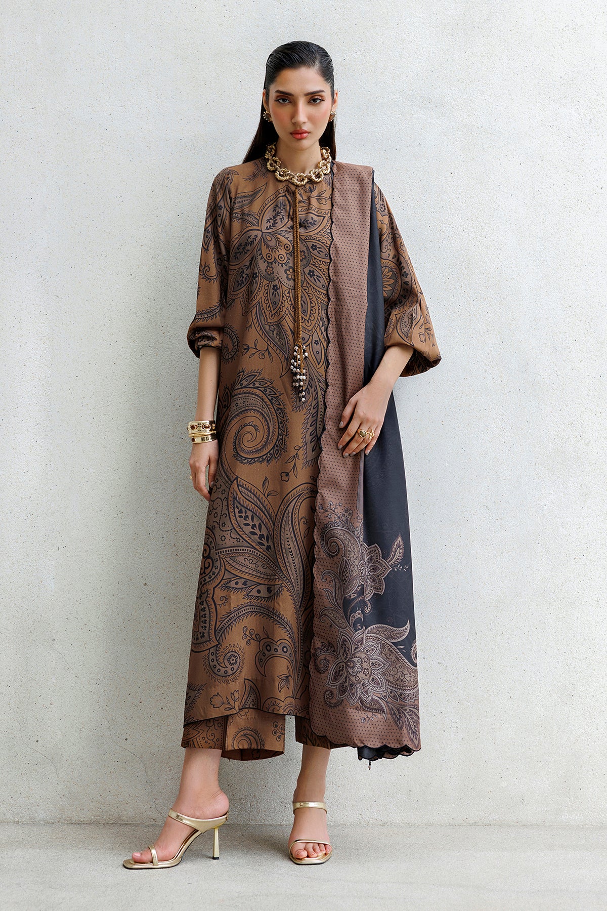 BAROQUE - 3PC KARANDI PRINTED SHIRT WITH KARANDI PRINTED SHAWL AND TROUSER - HZG3149