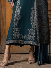 IZEL - 3PC DHANAK EMBROIDERED SHIRT TWILL PRINTED SHAWL AND TROUSER - HZG3158