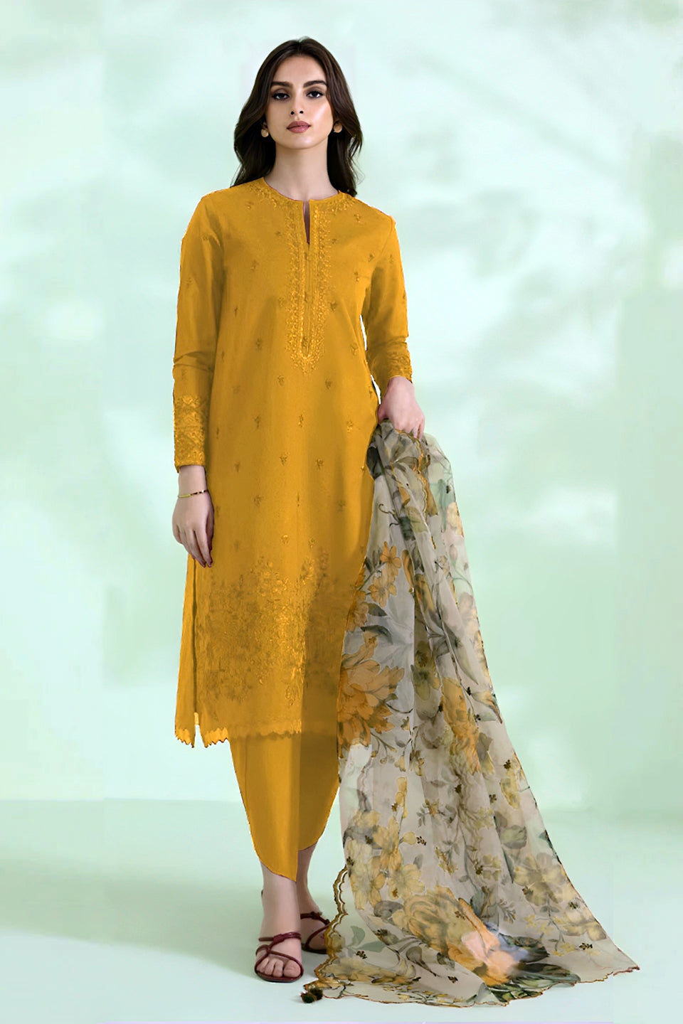SAPPHIRE - 3PC DHANAK EMBROIDERED SHIRT WITH ORGANZA PRINTED DUPATTA & TROUSER - HZG2573