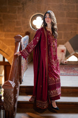 FLORENT - 3PC DHANAK EMBROIDERED SHIRT WITH DHANAK EMBROIDERED SHAWL AND TROUSER - HZG2601