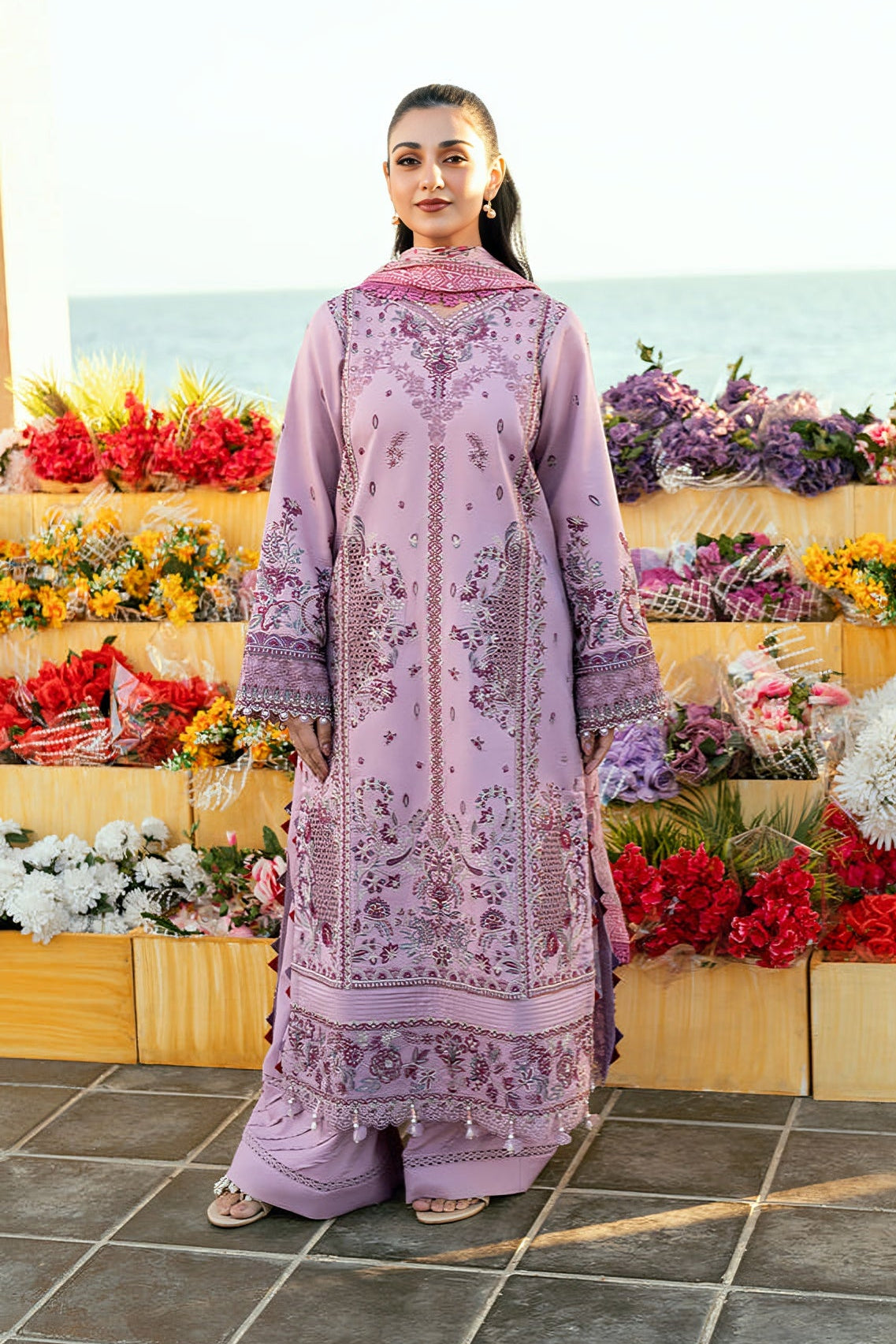 FLORENT - 3PC DHANAK EMBROIDERED SHIRT WITH TWILL PRINTED SHAWL AND TROUSER - HZG2300