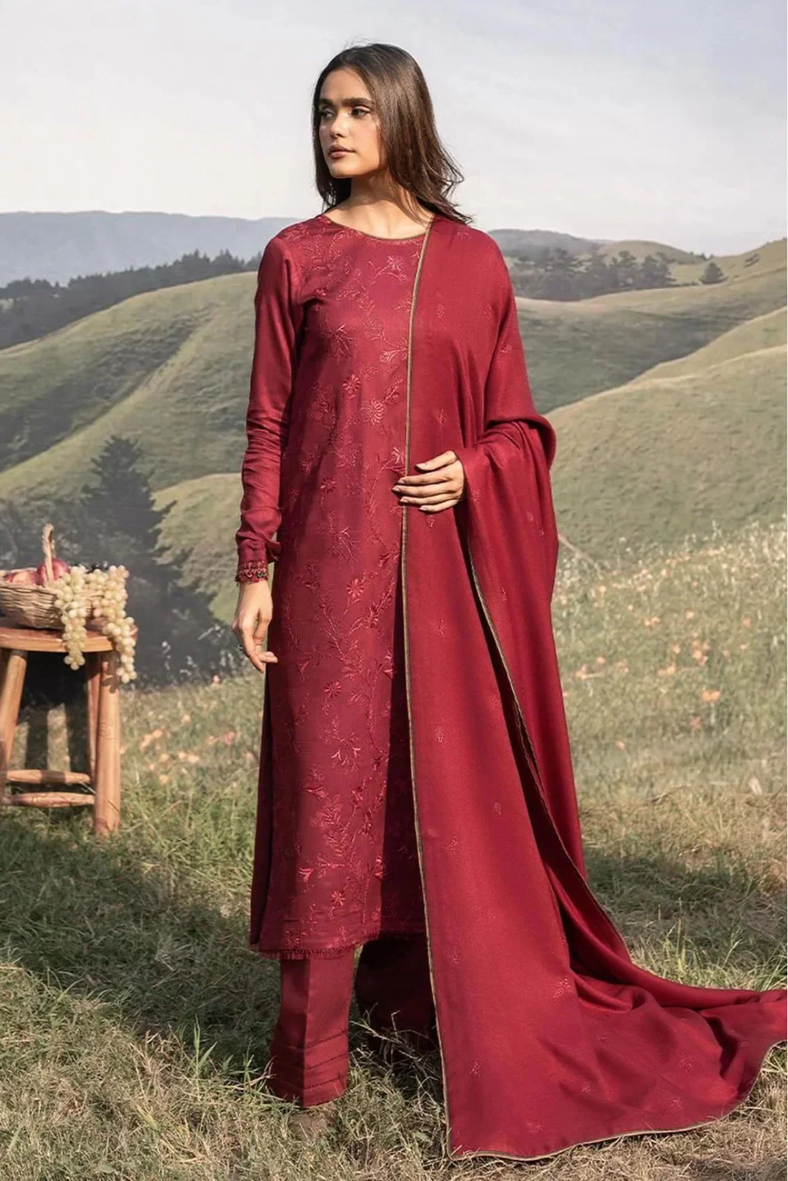 SERAN - 3PC DHANAK EMBROIDERED SHIRT WITH DHANAK EMBROIDERED SHAWL AND TROUSER - HZG2395