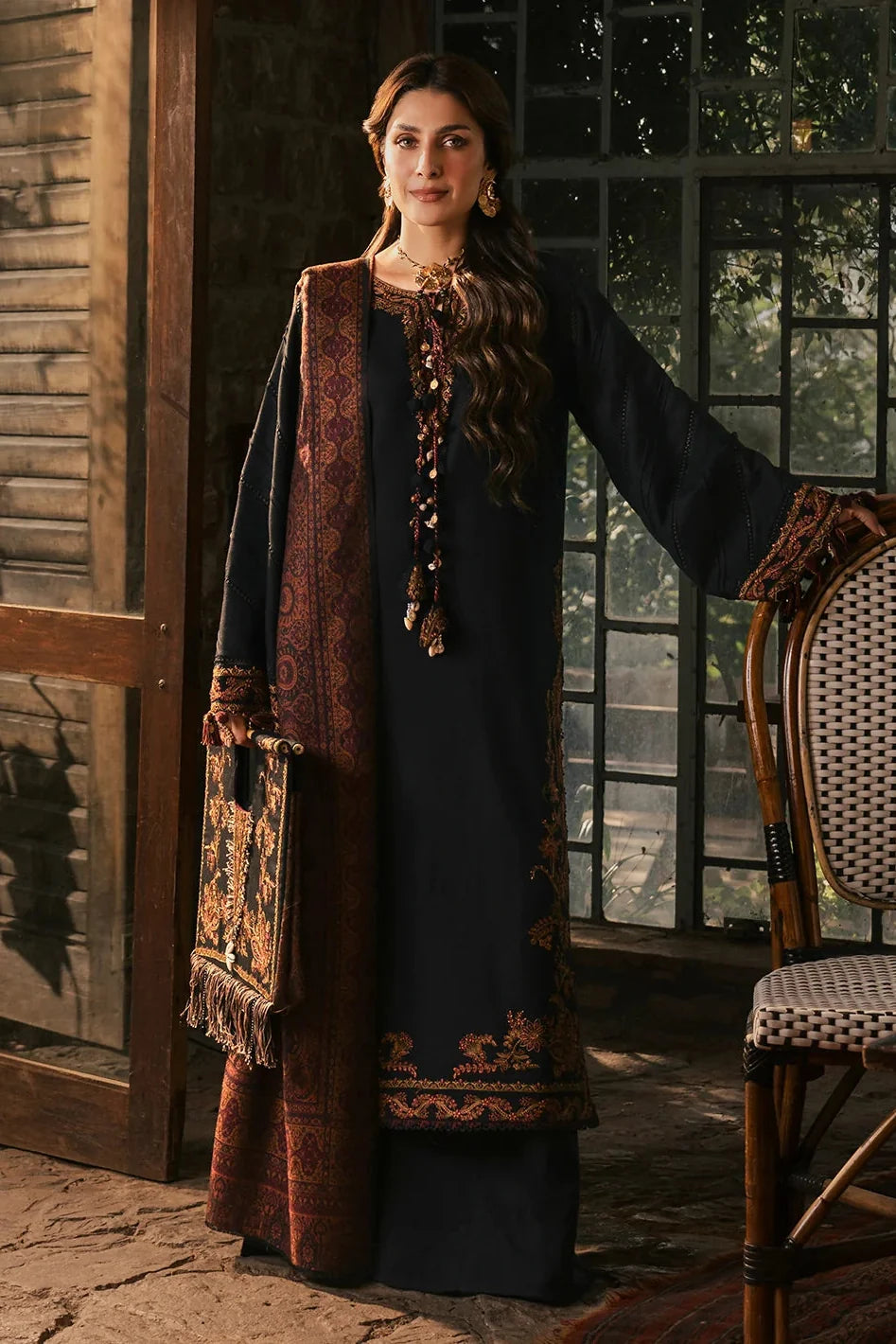 IZEL - 3PC DHANAK EMBROIDERED SHIRT TWILL PRINTED SHAWL AND TROUSER - HZG3161