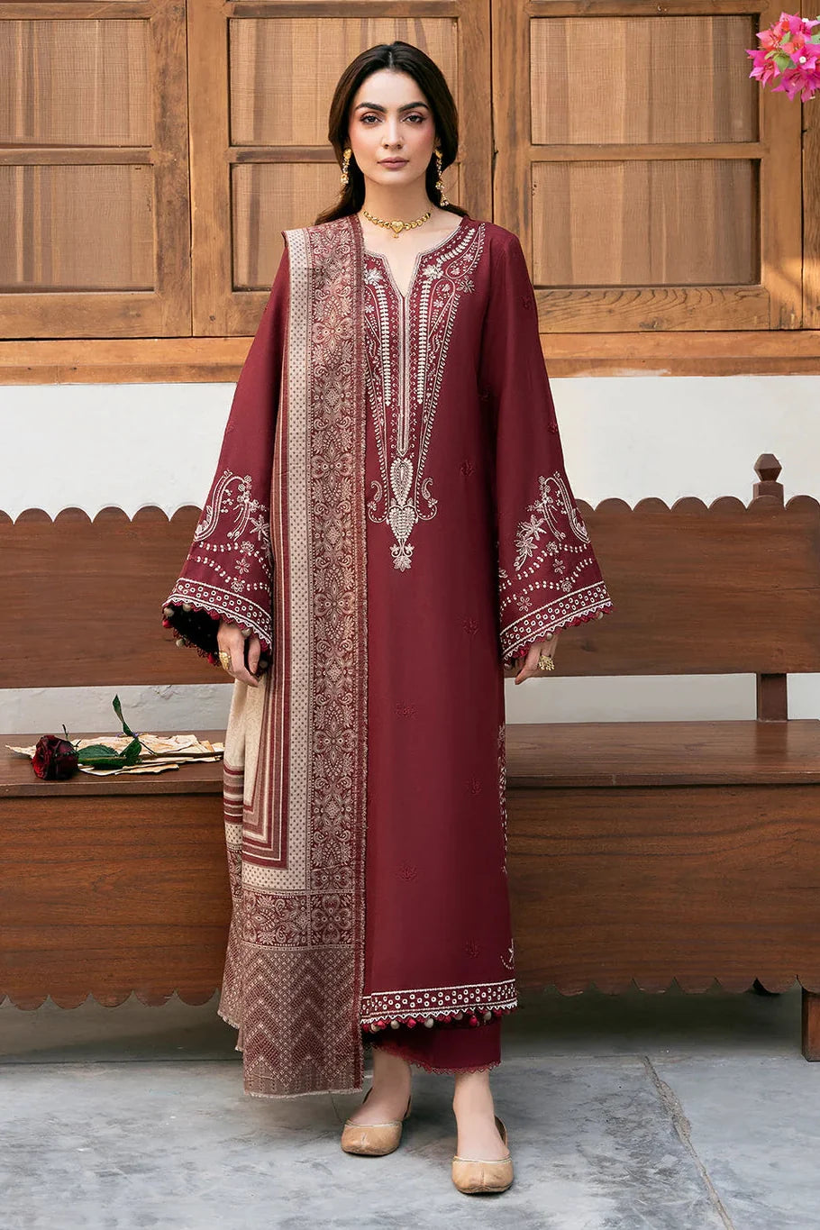 IZEL - 3PC DHANAK EMBROIDERED SHIRT WITH TWILL PRINTED SHAWL AND TROUSER - HZU2594