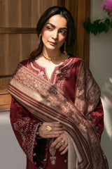 IZEL - 3PC DHANAK EMBROIDERED SHIRT WITH TWILL PRINTED SHAWL AND TROUSER - HZU2594