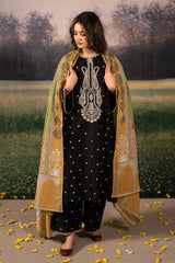 URGE - 3PC DHANAK EMBROIDERED SHIRT WITH TWILL PRINTED SHAWL AND TROUSER - HZG2371