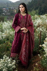 FLORENT - 3PC DHANAK EMBROIDERED SHIRT WITH TWILL PRINTED SHAWL AND TROUSER - HZG2324