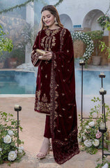 Azure - 3PC Velvet Heavy Embroidered Shirt With Velvet Heavy Embroidered Shawl - HZG1304