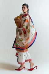 HUSSAIN REHAR - 3PC DHANAK EMBROIDERED SHIRT WITH TWILL PRINTED SHAWL AND TROUSER - HZG2382
